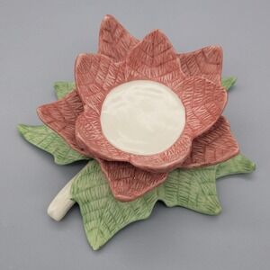 Lenox Poinsettia Tealight Holder Ceramic Red Flower Green Leaf Christmas Holiday